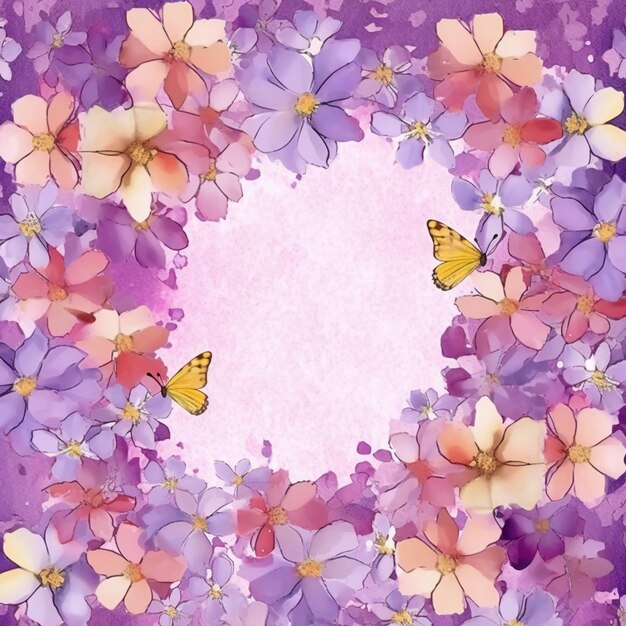 Foto flores y mariposas de color púrpura y amarillo rodean un fondo rosa ai generativo