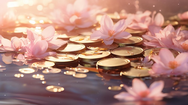 Las flores de melocotón de serenidad pastel en el agua rosa
