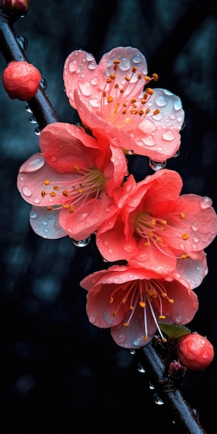 Flores de membrillo sobre un fondo oscuro con gotas de rocío Foto de alta calidad AI generativa