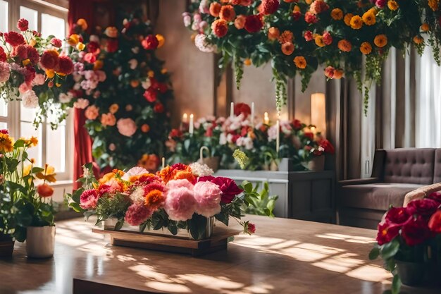 Flores en una mesa en una iglesia con una vela en el fondo.