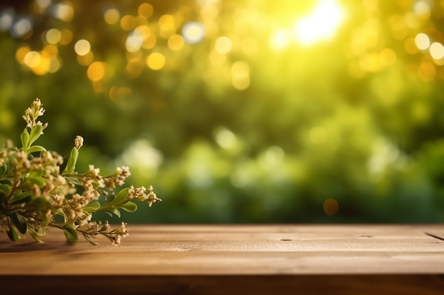 Flores en una mesa de madera con un fondo borroso