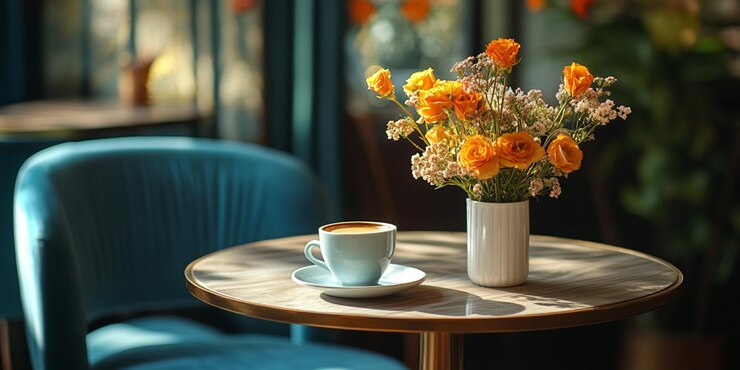 flores en una mesa y una taza de café