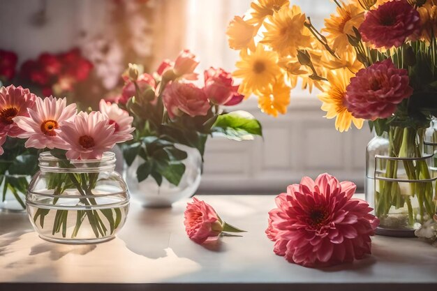 Flores en una mesa con una ventana detrás de ellas