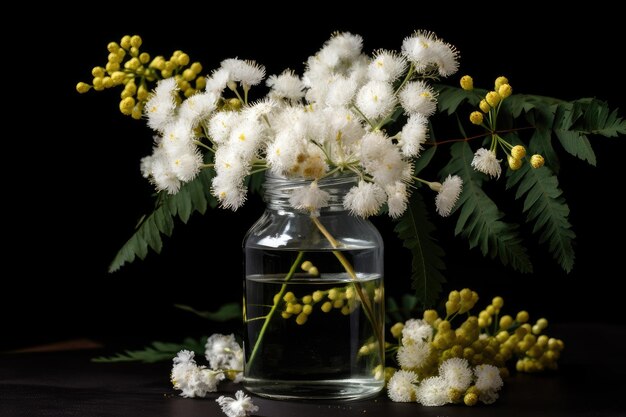 Flores de mimosa blanca en un frasco sobre fondo negro