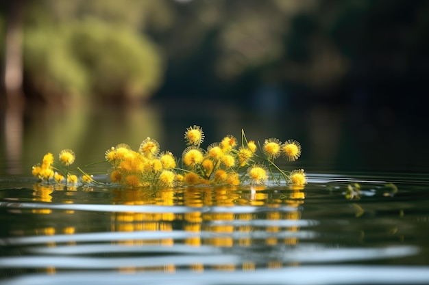 Flores de mimosa flotando en un lago inmóvil