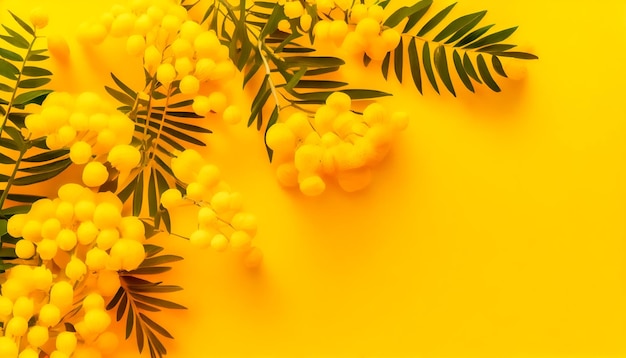 Foto flores de mimosa sobre fondo amarillo ia generativa