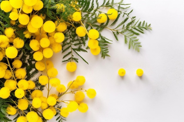 Flores de mimosa sobre fondo de madera gris mesa de madera antigua Copiar espacio para hilo de texto IA generativa