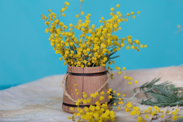 Flores de mimosa sobre una superficie de madera. De cerca