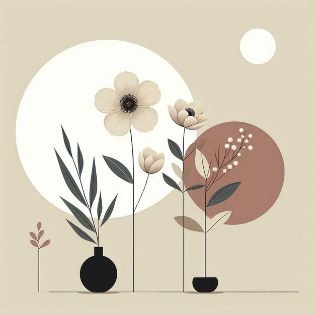 Foto flores minimalistas com ilustração de fundo de cor creme