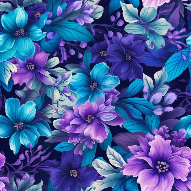 Las flores moradas y azules están en un ai generativo de fondo negro