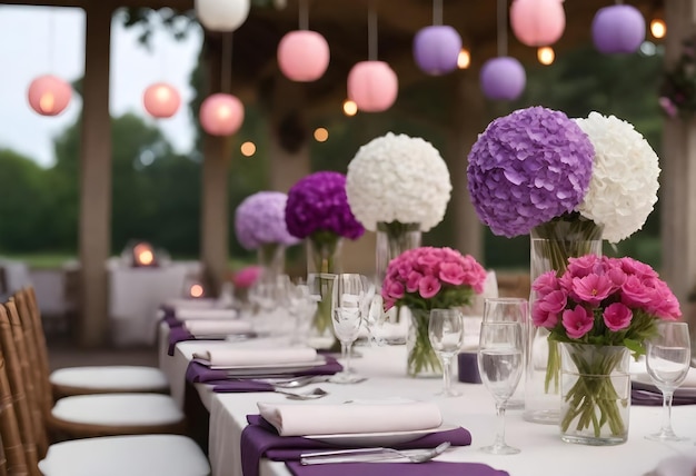 Foto flores moradas y blancas en una mesa con flores moradas