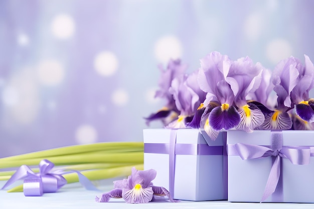 Flores moradas con caja de regalo.