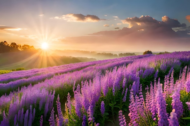 Flores moradas en un campo con la puesta de sol detrás de ellas