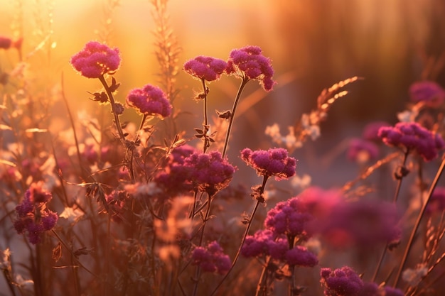 Flores moradas en un campo con el sol brillando a través del ai generativo de fondo