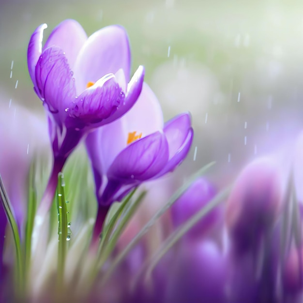 Flores moradas bajo la lluvia Flor de azafrán en época de lluvias