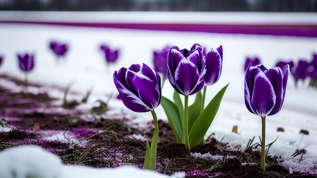 Flores moradas en la nieve con la palabra tulipanes abajo a la derecha.