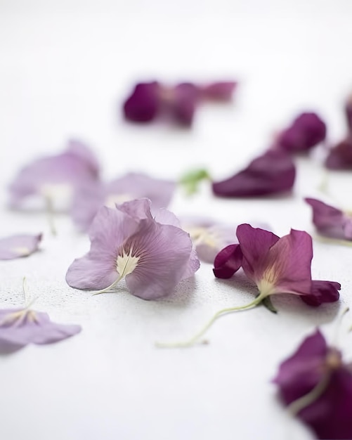 Flores moradas sobre una superficie blanca con una que dice "amor".