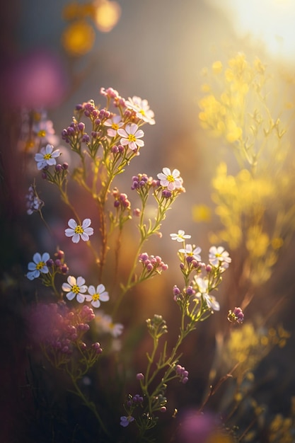 Las flores se muestran en un campo con el sol brillando a través de la ai generativa