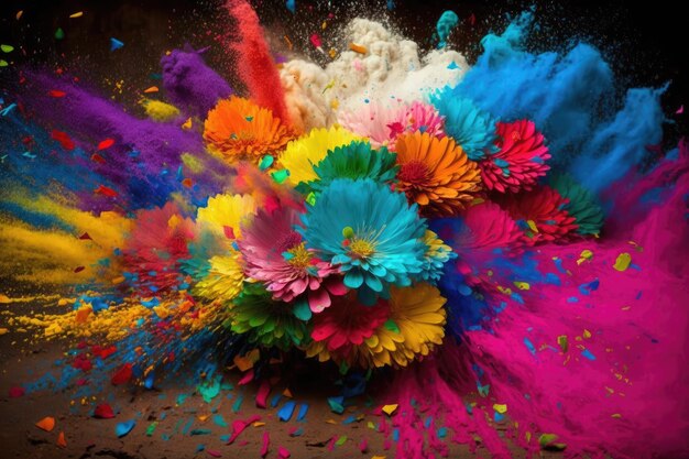 Flores multicolores brillantes lanzadas durante la tradicional fiesta india de holi