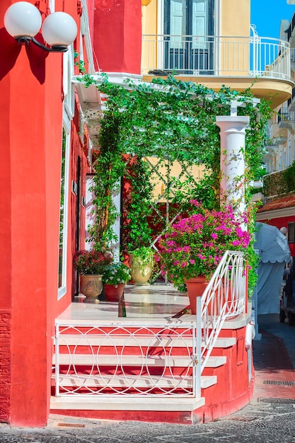 Flores na escada de entrada de uma casa na ilha de Capri, Itália