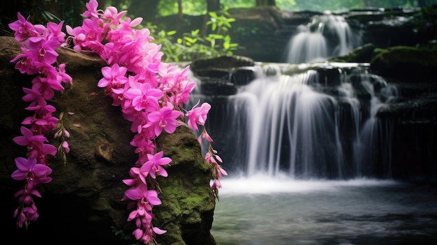 flores na floresta fluem na cachoeira rosa Generative Ai