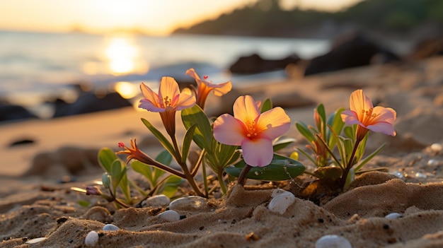 Flores na praia ao pôr do sol