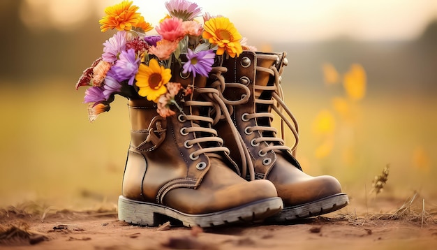 Flores naranjas y amarillas en botas marrones en el concepto de primavera del jardín