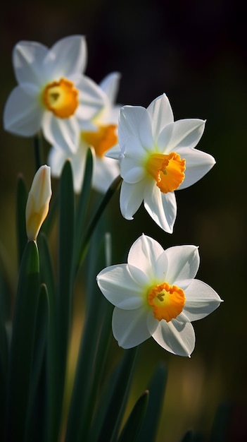 Foto flores de narciso blanco con centro amarillo y pétalos blancos.