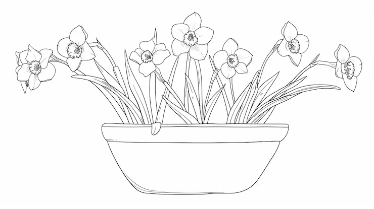 Foto flores de narciso en un largo libro de colorear en una olla