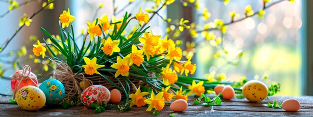 Flores de narcisos y huevos de Pascua en la mesa Foco selectivo
