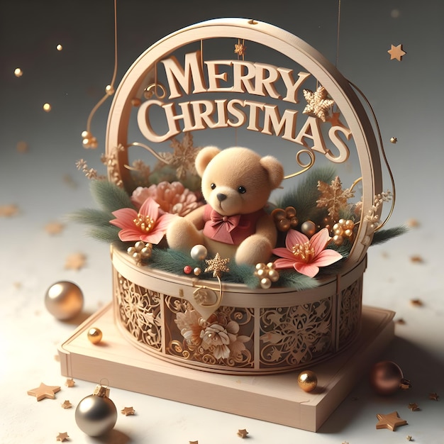 Flores de Navidad y un oso de peluche renderizado en 3D