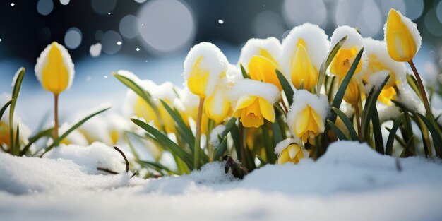 Flores en la nieve tulipanes amarillos al comienzo de la primavera 8 de marzo IA generativa