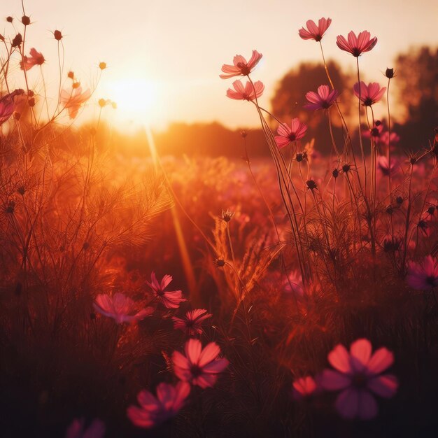 flores no fundo do pôr-do-sol