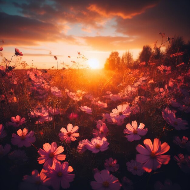 flores no fundo do pôr-do-sol