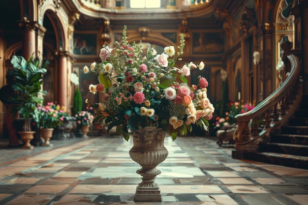 Flores no interior do antigo castelo Salão vitoriano vintage com vaso de flores Luxury Hotel Lobby Royal Villa