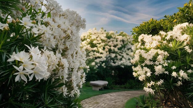Las flores de oleandra blanca crecen en un jardín