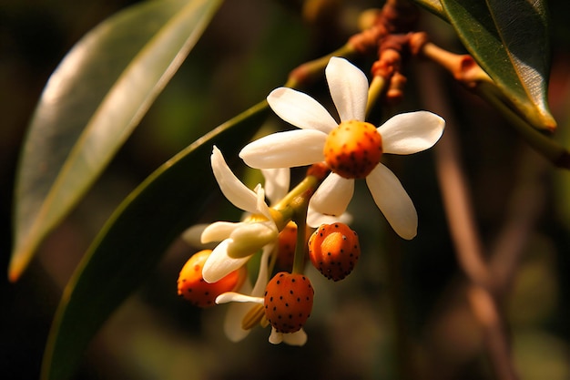 Las flores de olivo en la palmera en Kerala