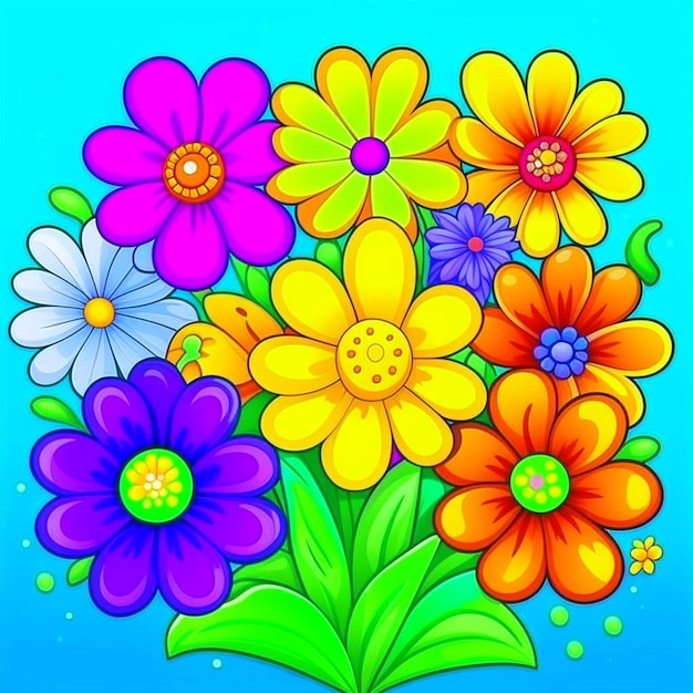 Foto flores ornamentais com caules e folhas arte de aquarela em fundo azul desenho de papel de parede gerado digital com arte de linha de pincel de pintura de flores