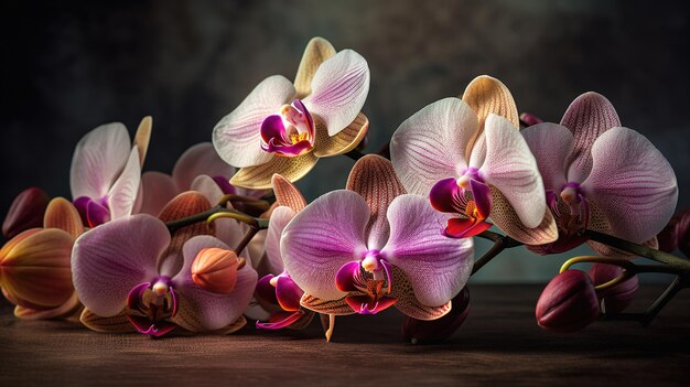 Flores de orquídea rosa en mesa de madera generada ai