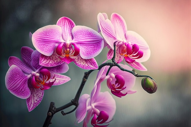 Flores de orquídea rosa con venas sobre fondo borroso