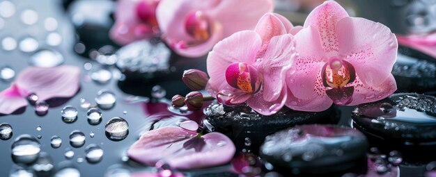 Foto flores de orquídea rosadas en guijarros negros brillantes con gotas de agua