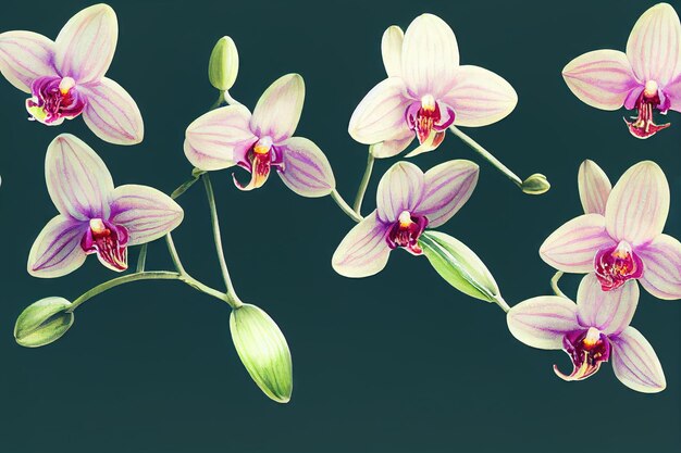 Foto flores de orquídeas naturales con capullos en flor sobre fondo oscuro