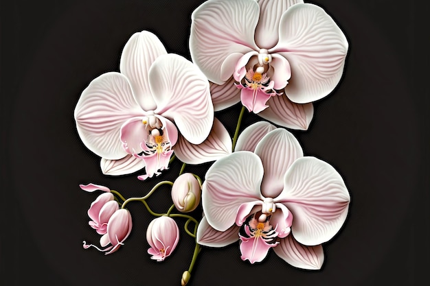 Flores de orquídeas Whitepink con pétalos y pequeñas flores sobre fondo negro