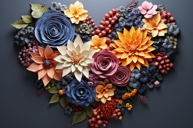 Flores de otoño en forma de corazón sobre un fondo oscuro Ilustración digital