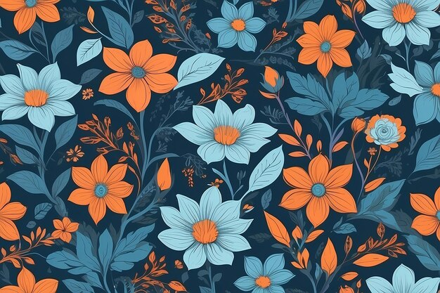 Flores de otoño con un patrón sin costuras con elementos abstractos de fondo floral en tonos pastel azul y naranja