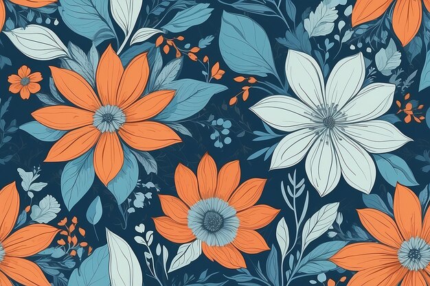 Flores de otoño de patrones sin fisuras con elementos de fondo floral abstracto en tonos pastel azul y naranja