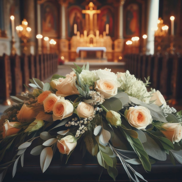 Flores ou coroa fúnebre sobre o caixão na igreja tema do funeral ai generativo