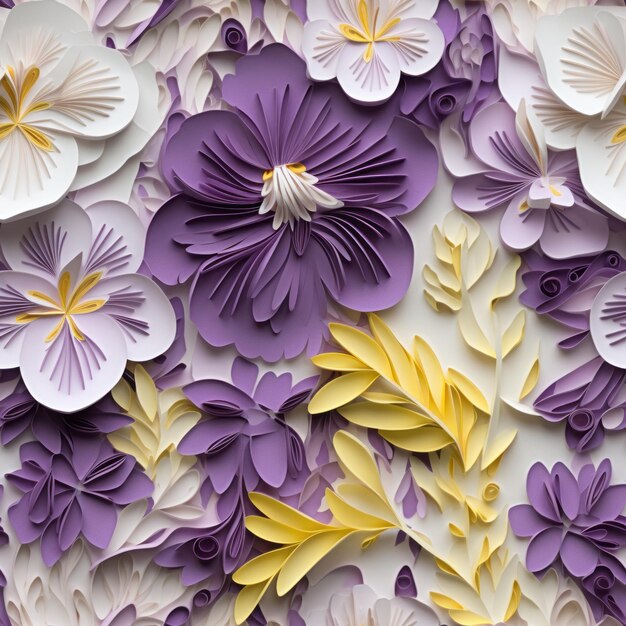 Flores de papel al estilo de Oleksandr Bogomazov Arte floral morado y amarillo