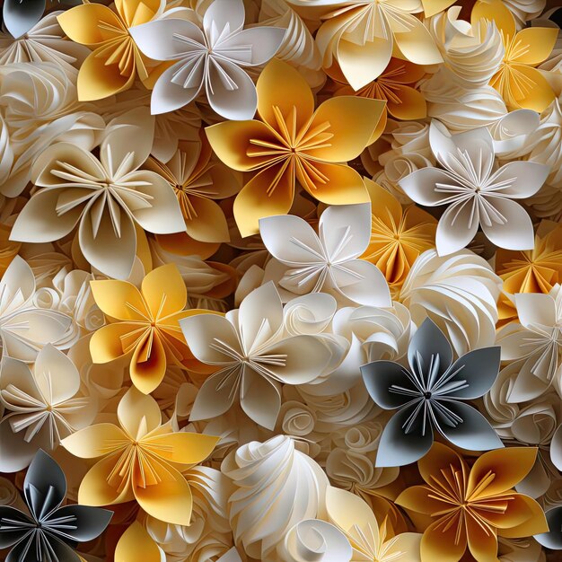 Flores de papel amarillo y gris dispuestas en un telón de fondo texturizado