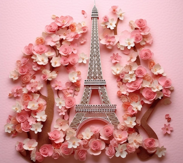 Flores de papel Araffe y un árbol con una torre Eiffel en el fondo